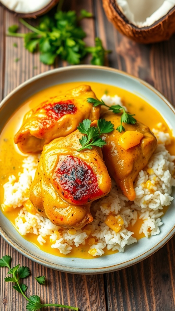 Braised turkey thighs in turmeric coconut milk sauce, garnished with cilantro, served over rice on a rustic table.